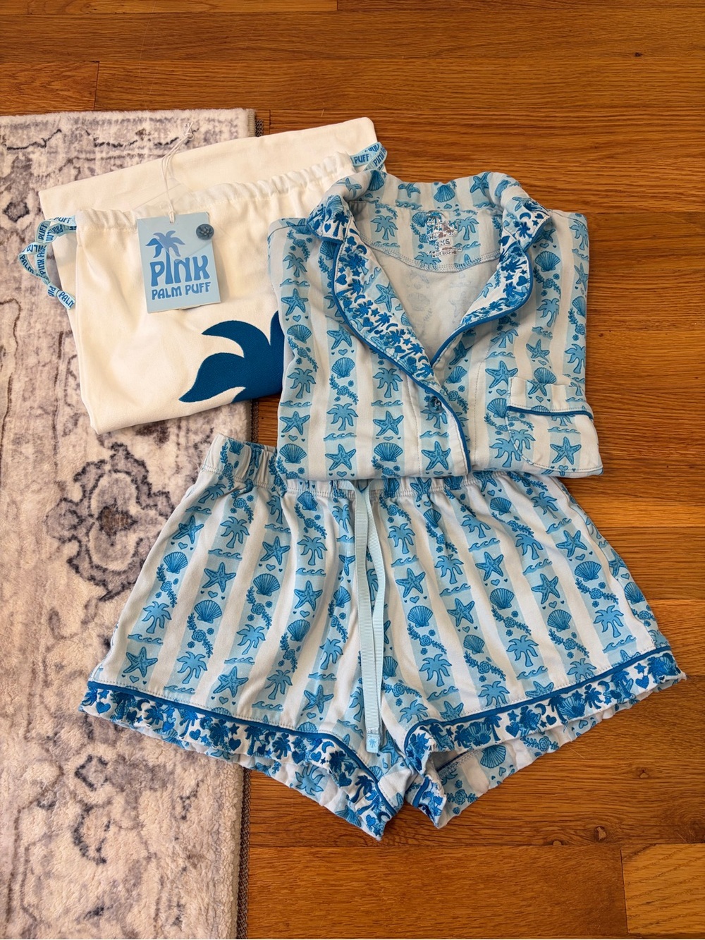 Pink Palm Puff Pajamas in Seabreeze Blue XXS Dust Bag Original Tags